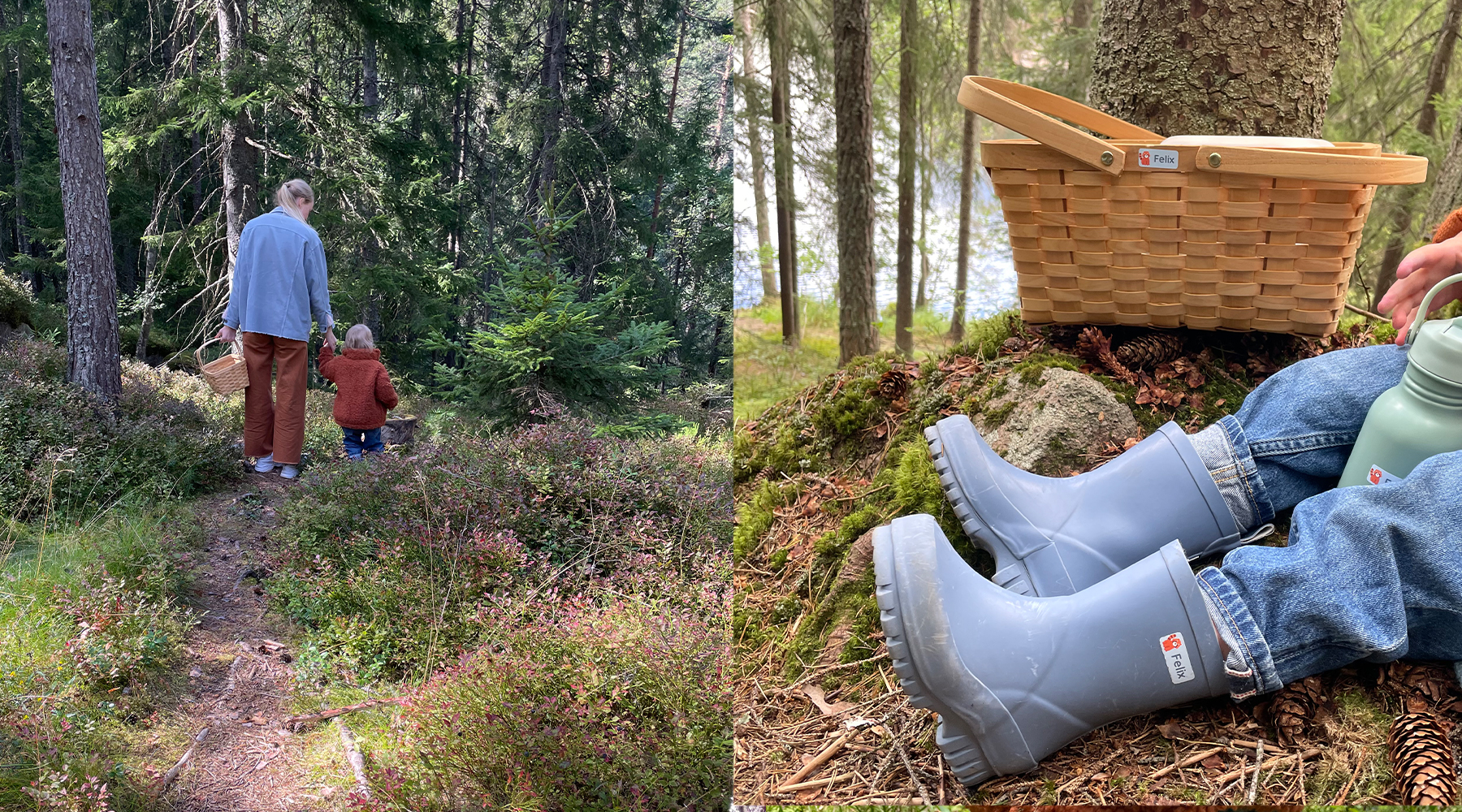 Familj på utflykt i skogen, och barn med gummistövlar och korg
