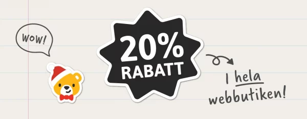 Banner illustrerad med ett nallehuvud med tomteluva som visar tummen upp, med en stjärna där det står "20% rabatt på hela butiken" med nallefotspår bredvid.