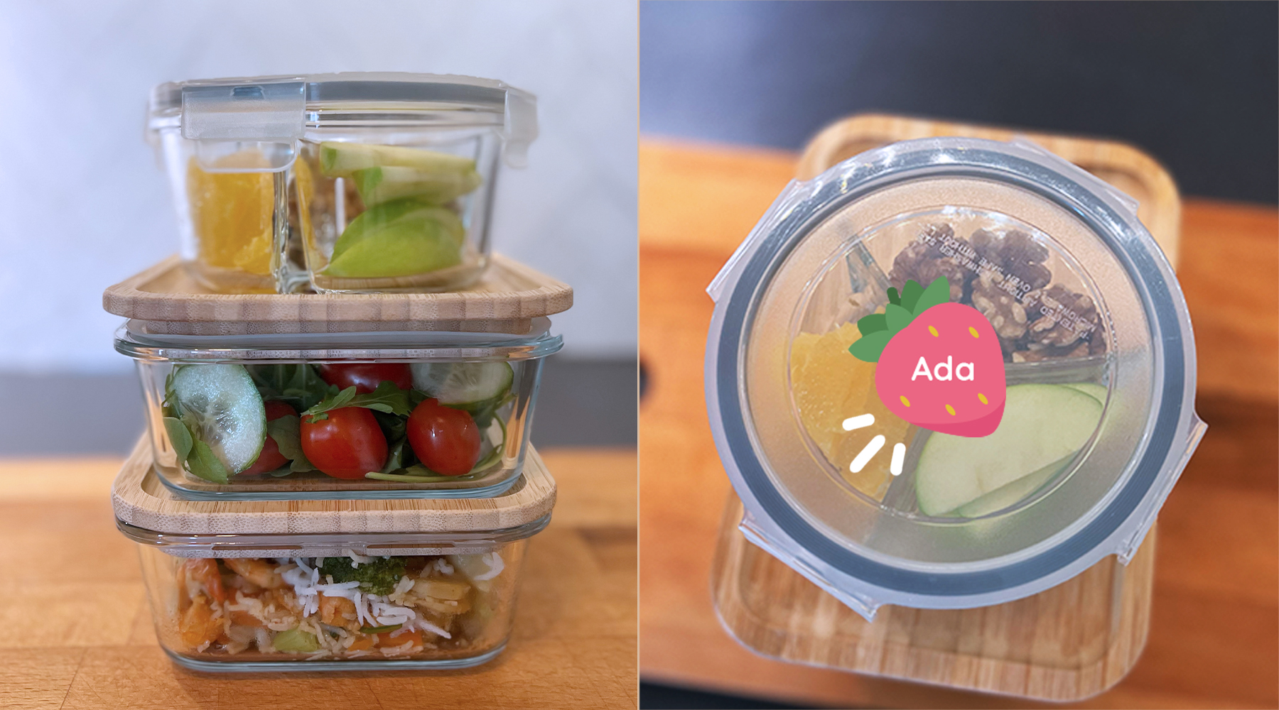 Matlådor i glas med bambulock, fyllda med färska grönsaker och frukt. En av lådorna har en personlig namnlapp med namnet Ada, dekorerad med en jordgubbe, perfekt för att hålla maten organiserad och undvika förväxlingar.