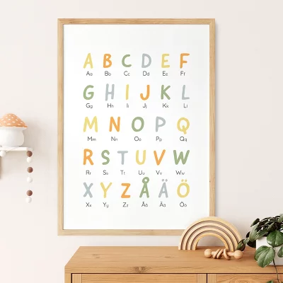 ABC-poster för barnrum i ljusa färger med träram, perfekt som pedagogisk väggdekor.