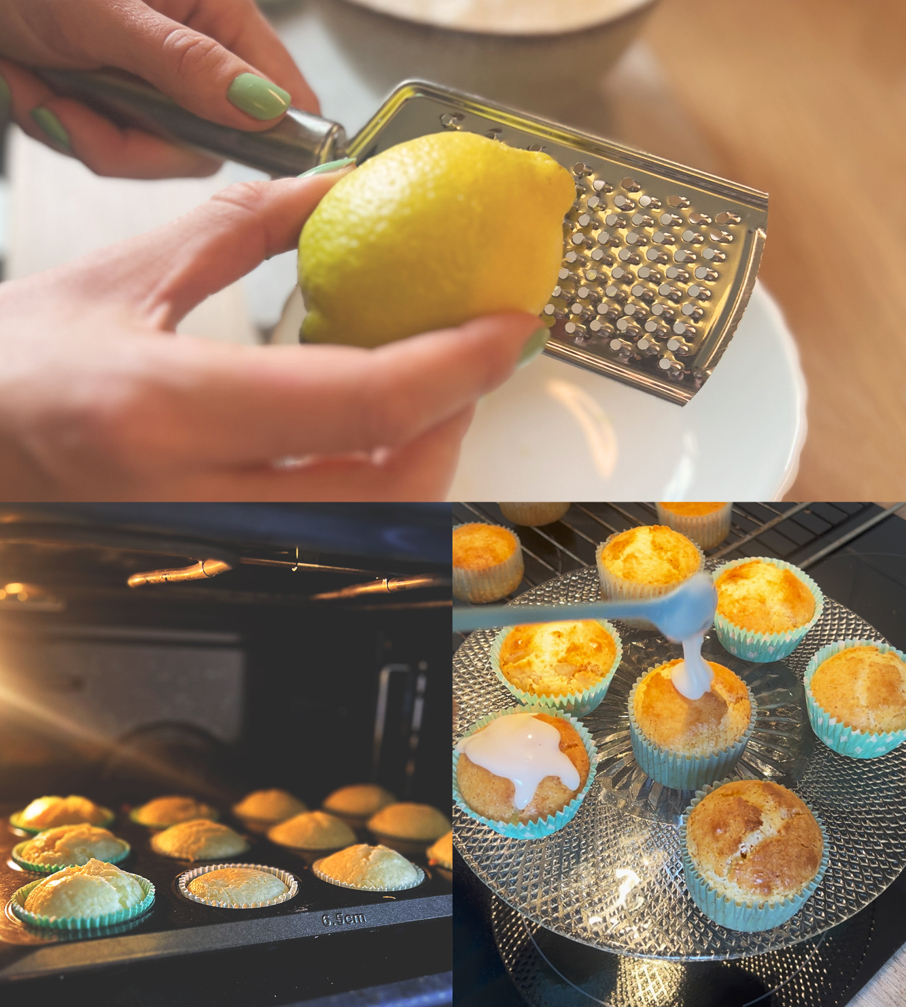 Riven citronzest över muffinssmet – glutenfria och äggfria citronmuffins.