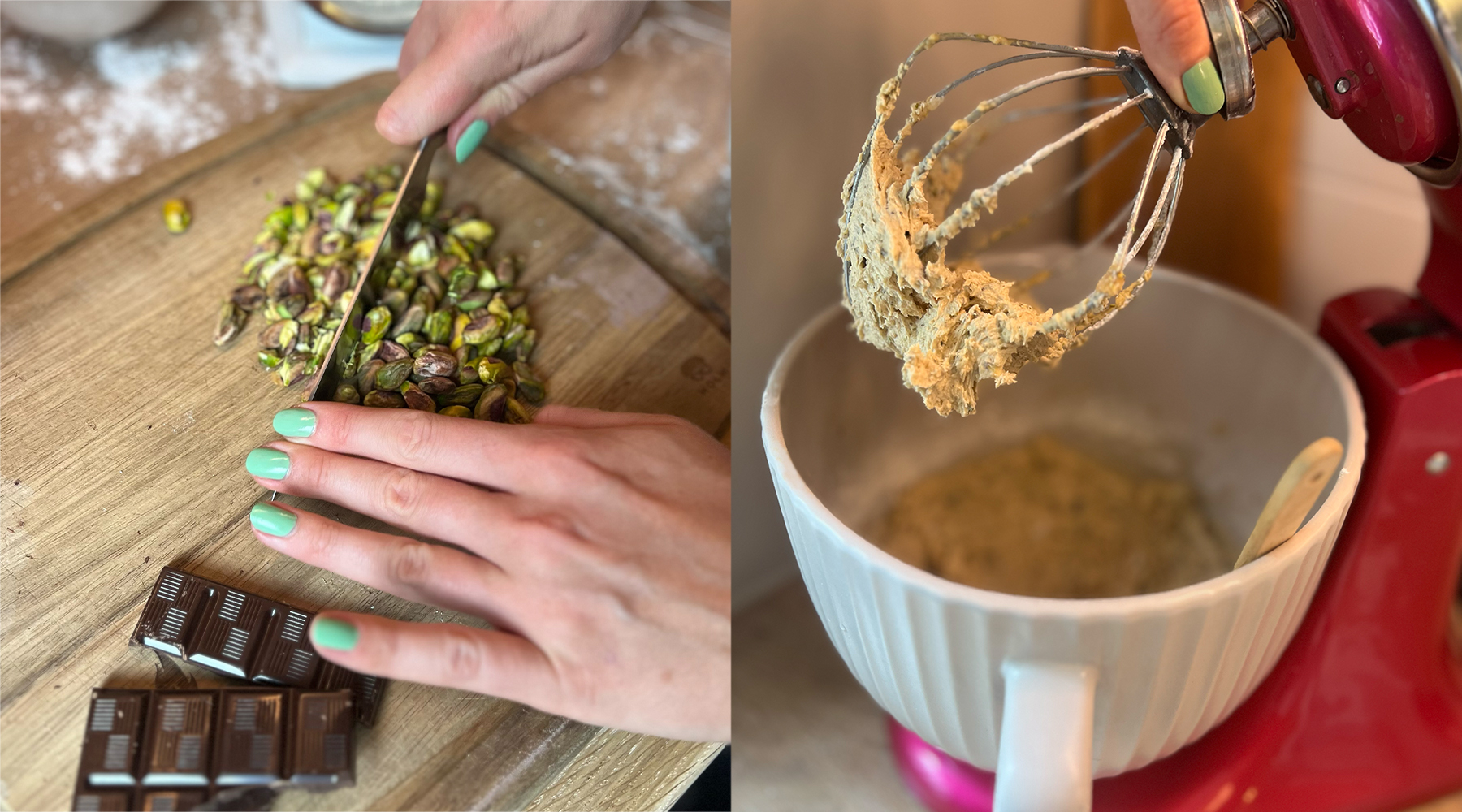 Hackade pistaschnötter och cookiedeg – glutenfria och mjölkfria pistaschcookies.
