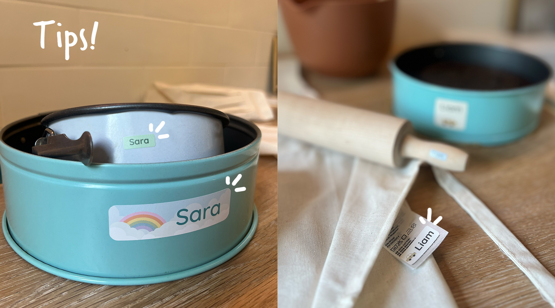 Turkosa bakformar med personliga namnlappar för barn, namn Sara och Liam, perfekta för att märka köksutrustning.