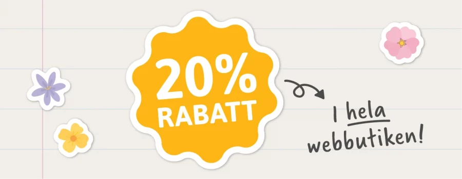20% rabatt på produkter i hela vår webbutik, inklusive namnlappar, barnrumsdekor och födelsedagskort, med blommotiv i bakgrunden.