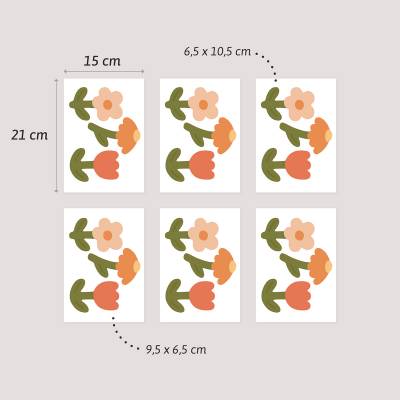 Färgglad blomster-väggdekor som visar storleken på blommorna du kan sätta upp på väggen.