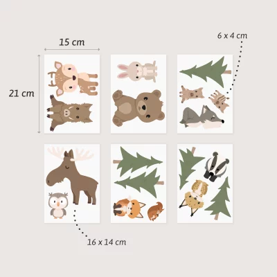 Färgglad väggdekor med djurmotiv, inklusive hjort, kanin, björn och varg – perfekt för barnrum.