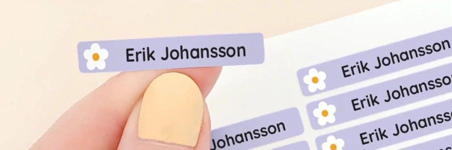 Färgglada navnelapper med namnet Erik Johansson visas på en hand. Lappen har en blomma som dekoration och används för att enkelt identifiera personliga tillhörigheter. Perfekt för barnens saker eller som en del av väggdekor för barnerum och olika festligheter.