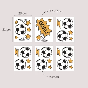 Snygga fotbollsstickers i olika storlekar, perfekt för att dekorera barnens rum. Designen inkluderar fotbollar, stjärnor och en GOAL!-skylt, som alla adderar en lekfull och energisk känsla. Stickers är idealiska för att skapa unik väggdekor eller personliga föremål.