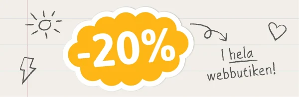 Ett färgglatt och lekfullt motiv med handritade symboler som moln, stjärnor och noter, som förmedlar en glad känsla. Texten BACK 2 SCHOOL och ett erbjudande om 20% rabatt på hela webbutiken ger en uppmaning till att upptäcka vårat sortiment av navnelapper, veggdekor för barn och plakat för barnerom. Perfekt för att förbereda sig inför skolstarten!