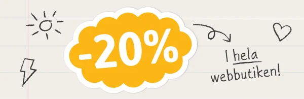 Ett färgglatt och lekfullt motiv med handritade symboler som moln, stjärnor och noter, som förmedlar en glad känsla. Texten BACK 2 SCHOOL och ett erbjudande om 20% rabatt på hela webbutiken ger en uppmaning till att upptäcka vårat sortiment av navnelapper, veggdekor för barn och plakat för barnerom. Perfekt för att förbereda sig inför skolstarten!